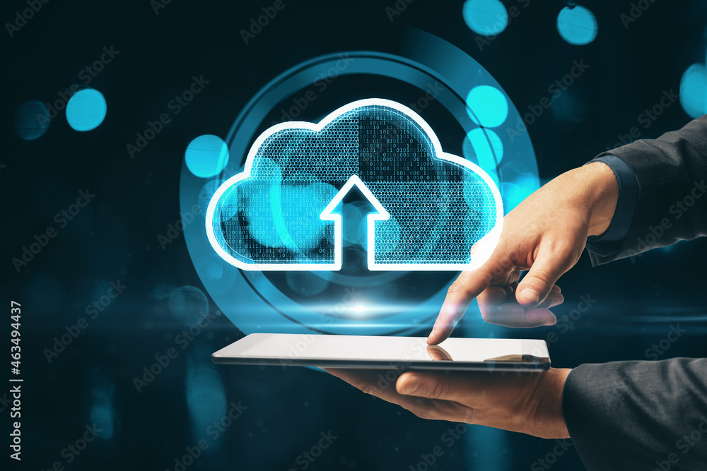 Poster Close up of hand using tablet with creative glowing clouds hologram on blurry binary code background. Cloud computing and database concept. Double exposure.