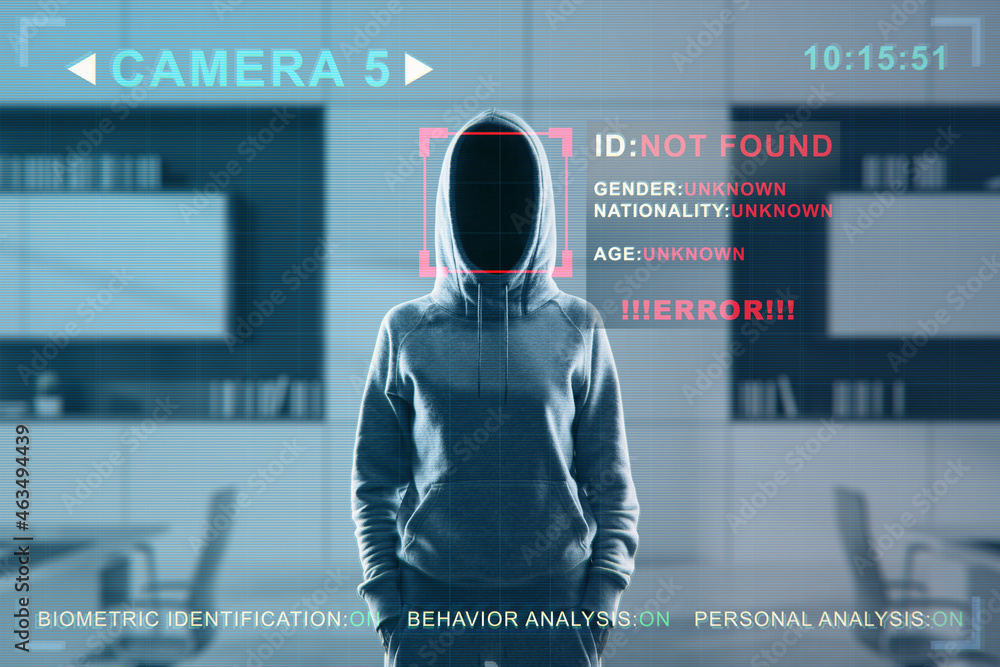 Poster Security camera not recognizing hacker in hoodie standing in blurry office interior. ID, scanning, data theft and cctv concept. Double exposure.