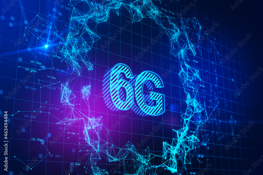 Poster abstract glowing blue polygonal 6g hologram on blurry backdrop. internet speed, wireless connection 