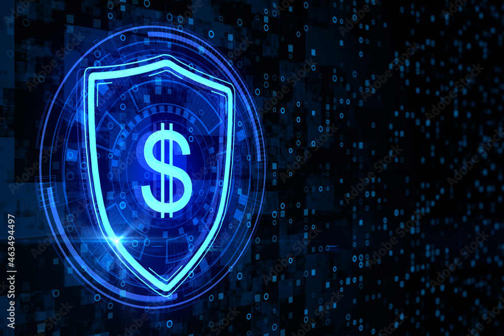 Aufkleber Abstract glowing shield with dollar sign icon on dark binary code background with mock up place. Online banking, currency and security concept. 3D Rendering.