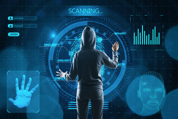 Back view of hacker in hoodie with abstract glowing finger scanning hologram on dark background....
