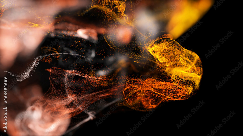 Poster injection of fiery fluorescent ink in water isolated on black background. 3d render of glow particle