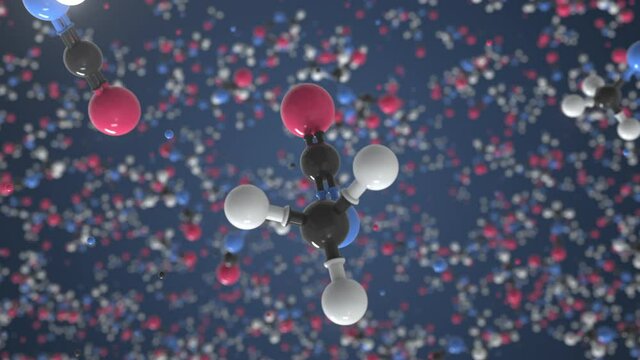 Methyl isocyanate molecule made with balls, conceptual molecular model. Chemical looping 3d animation
