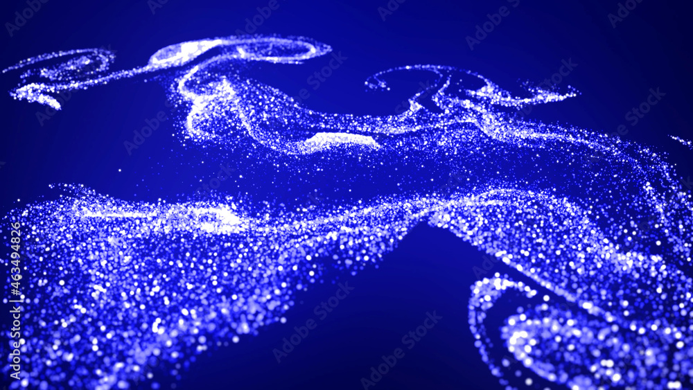 Poster abstract bg with blue magic glitters fly in air and form beautiful swirls. sparkles float in viscous
