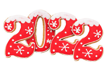 2022, New Year gingerbread, red icing, isolated on white background, clipping path
