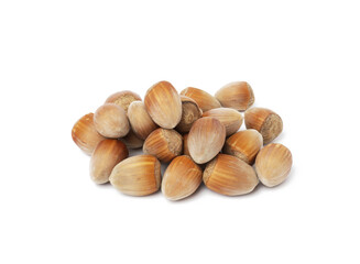 pile of hazelnuts in shell on white isolated background
