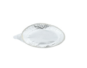 round gray aluminum thin lid for plastic yogurt jars on a white background, top view