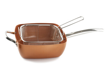 copper deep frying pan on white background