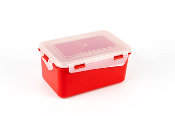 Plastic food container red color isolated on white background. Side view