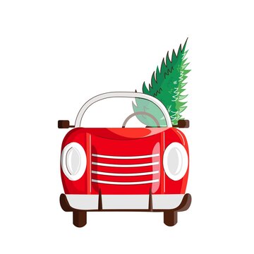 Red christmas pickup truck witn new year tree. Vector holiday poster and card