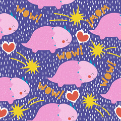 Cute pink dinosaurs seamless pattern. Vector hand drawn illustration.