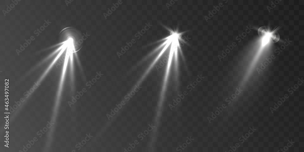 Poster Spotlights set isolated on transparent background. Vector glowing light effect with golden rays and lens flares.	