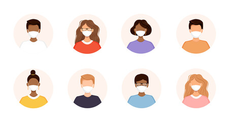 Set of diverse avatars of people in a face mask. Collection of portraits of men and women in a round frame. Prevention of coronavirus, flu, air pollution, viruses and disease. Vector illustration.