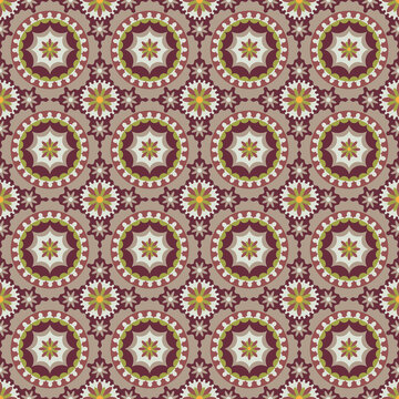 Central asian interlocking medallions and flowers, vector seamless design