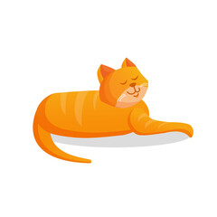 Ginger cute cat lies on an isolated background. Vector cartoon illustration