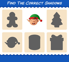Find the correct shadows of elf. Searching and Matching game. Educational game for pre shool years kids and toddlers