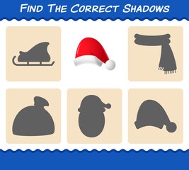 Find the correct shadows of santa hat. Searching and Matching game. Educational game for pre shool years kids and toddlers