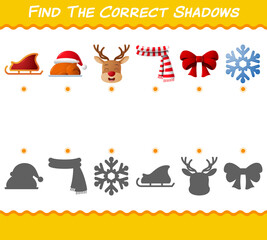 Find the correct shadows of cartoon christmas. Searching and Matching game. Educational game for pre shool years kids and toddlers