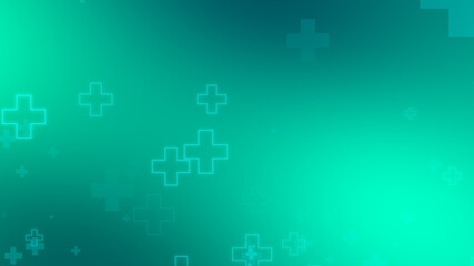 Medical health blue green cross neon light shapes pattern background. Abstract healthcare technology and science concept.