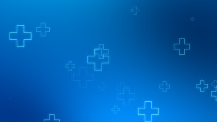 Medical health blue cross neon light shapes pattern background. Abstract healthcare technology and science concept.