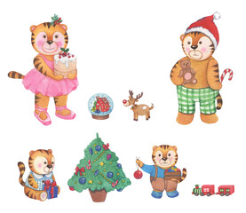 Obraz na płótnie Canvas Cute Cartoon Christmas tigers. Christmas tree, gifts - watercolor illustrations collection. The symbol of the new year of the Chinese calendar. Hand-drawn illustration isolated