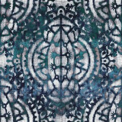 Seamless grungy tribal ethnic rug motif pattern. High quality illustration. Distressed old looking native style design in faded turquoise and gray colors. Old artisan textile seamless pattern.