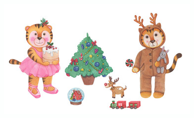 Happy Chinese new year greeting card 2022 with cute tiger. Animal holidays cartoon character. Hand-drawn illustration isolated