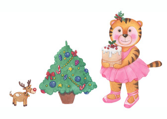 Cute Cartoon Christmas tigers. Christmas tree, gifts - watercolor illustrations collection. The symbol of the new year of the Chinese calendar. Hand-drawn illustration isolated