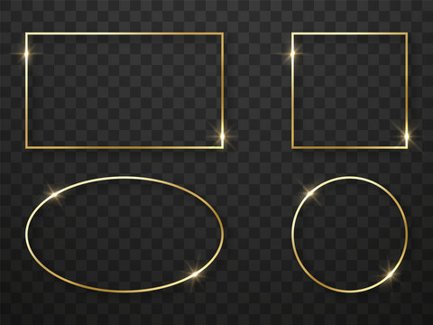Set of Golden Light Frame with Shiny Effect on Black Transparent Background. Collection of Realistic Gold Border. Template of Glow Square, Rectangle, Circle, Oval Frames. Isolated Vector Illustration
