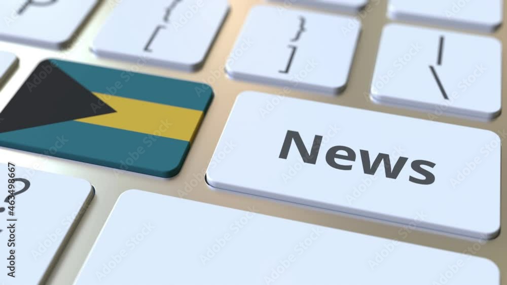 Poster news text and flag of the bahamas on the keys of a computer keyboard. national online media related 