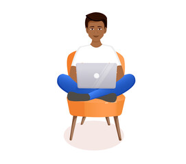 Man is sitting on a chair at home at a laptop computer. Remote work, office at home, programming, freelance. Study at home in quarantine. Vector illustration. Cozy interior with a cat.