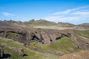 Beautiful countryside landscape in the Kerlingardalsheidi Highlands in Iceland