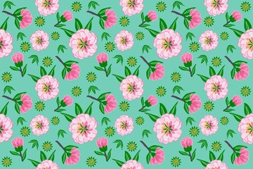 Pink flowers, green leaves, light green background, repeating pattern, print on fabric, paper