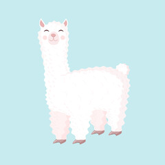 Cute llama or alpaca on a blue background. Vector illustration for baby texture, textile, fabric, poster, greeting card, decor.