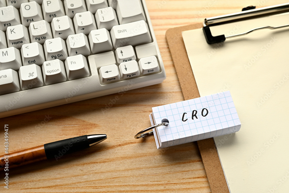 Poster there is a word book with the word of cro which is an abbreviation for conversion rate optimization 