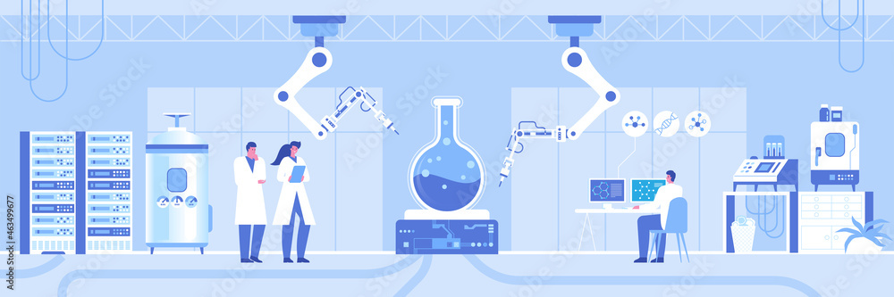 Poster automated scientific laboratory horizontal background. team scientists making test and analysis data