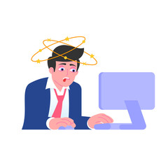 Tired overworked businessman working at computer. Overload at work, stressed worker concept. Male emoji character with different emotion and gesturing. Vector illustration isolated on white background