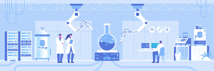 Automated scientific laboratory horizontal background. Team scientists making test and analysis data, robotic arms researching at huge flask on professional lab equipment. Vector illustration panorama