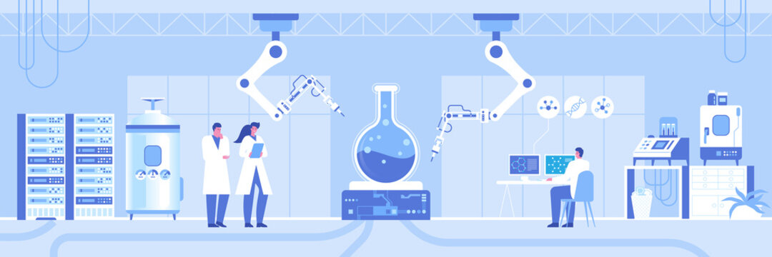 Automated scientific laboratory horizontal background. Team scientists making test and analysis data, robotic arms researching at huge flask on professional lab equipment. Vector illustration panorama