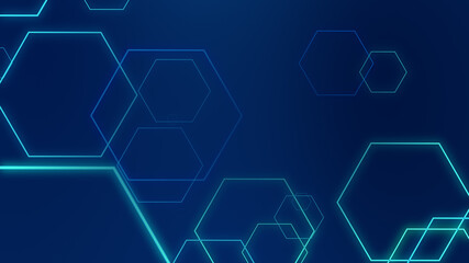 Abstract hexagon geometric blue neon lights technology dark background.