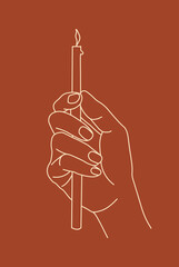 A woman's hand holds a burning candle. Line drawings. Contour illustrations. Bohemian prints. Vector illustration.