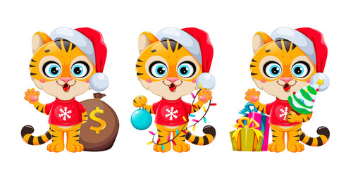 Cute cartoon character tiger in Santa hat