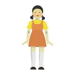 Porcelain doll on a white background. Vector illustration of a doll. Jointed doll in an orange dress on a white background.