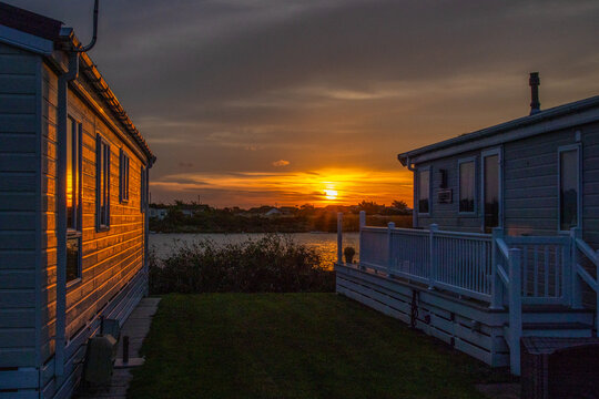 Sunrise at the holiday park in England. trailer park. Vacation park.