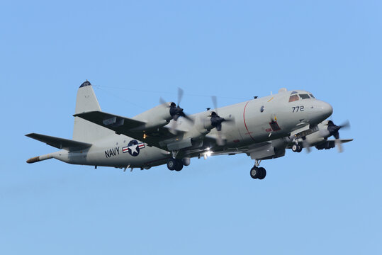 Kanagawa, Japan - August 22, 2014:United States Navy Lockheed Martin P-3C Orion anti-submarine and maritime surveillance aircraft from VP-46 "Grey Knights".