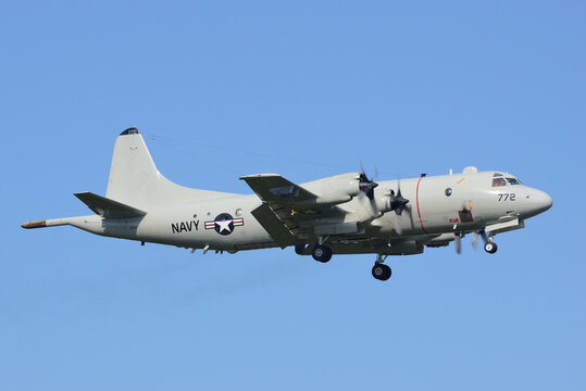 Kanagawa, Japan - August 22, 2014:United States Navy Lockheed Martin P-3C Orion anti-submarine and maritime surveillance aircraft from VP-46 "Grey Knights".