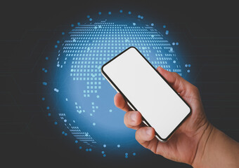 Hand holding smart phone and white screen background with double exposure of futuristic network interface and planet hologram. Concept of internet and communication. 