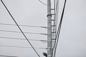Connected power lines at a pole and clear sky backdrop