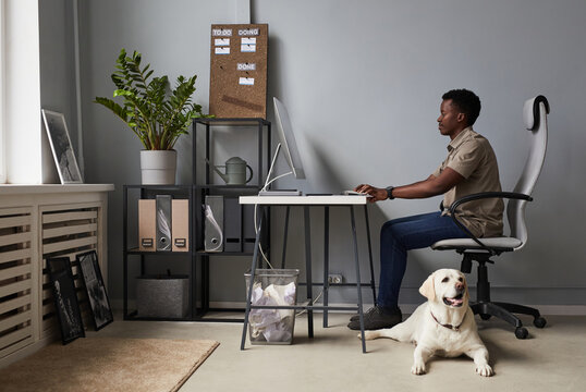 Full Length Portrait Of Young African-American Man Working In Office With Dog Laying On Floor, Pet Friendly Workspace, Copy Space