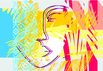 Abstract design with minimal female face.One line drawing style.